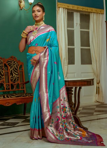 Silk Contemporary Saree in Firozi Enhanced with Wo