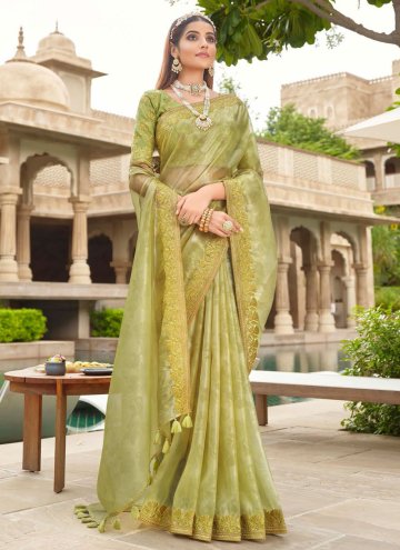 Silk Contemporary Saree in Green Enhanced with Bor