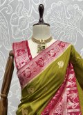 Silk Contemporary Saree in Green Enhanced with Thread Work - 1