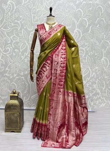 Silk Contemporary Saree in Green Enhanced with Thread Work