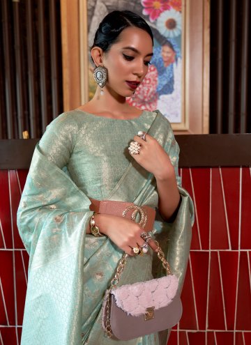 Silk Contemporary Saree in Green Enhanced with Woven