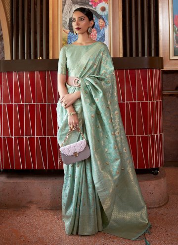 Silk Contemporary Saree in Green Enhanced with Wov
