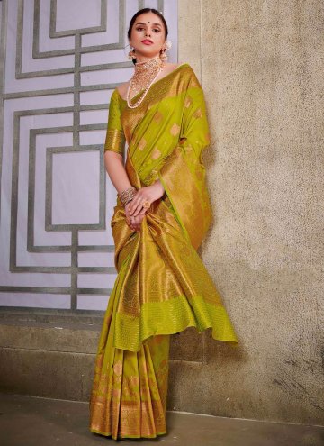 Silk Contemporary Saree in Green Enhanced with Woven