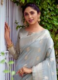 Silk Contemporary Saree in Grey Enhanced with Booti Work - 1