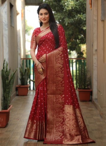 Silk Contemporary Saree in Maroon Enhanced with Bandhej Print