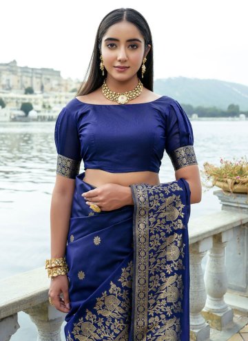 Silk Contemporary Saree in Navy Blue Enhanced with Woven