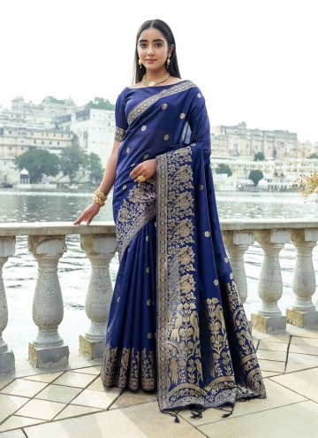 Silk Contemporary Saree in Navy Blue Enhanced with