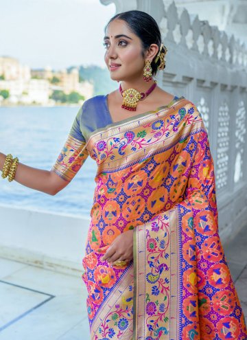 Silk Contemporary Saree in Peach Enhanced with Meenakari