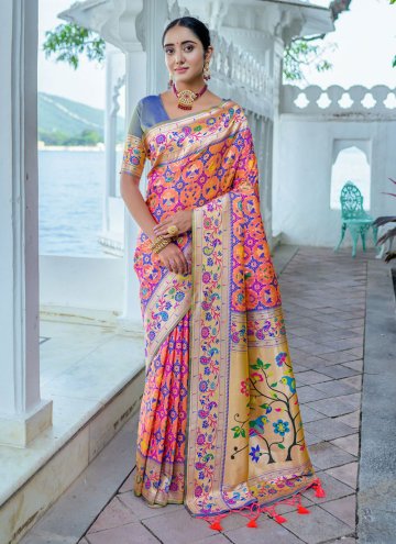 Silk Contemporary Saree in Peach Enhanced with Mee