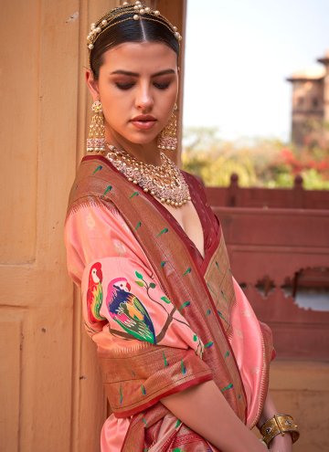 Silk Contemporary Saree in Pink Enhanced with Lace