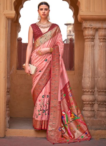 Silk Contemporary Saree in Pink Enhanced with Lace