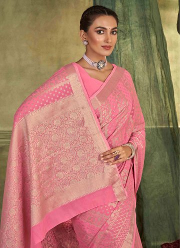 Silk Contemporary Saree in Pink Enhanced with Woven