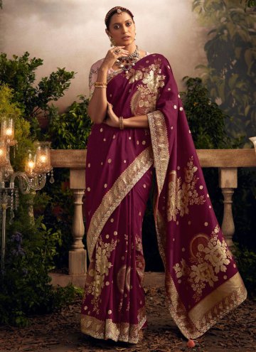 Silk Contemporary Saree in Purple Enhanced with Em
