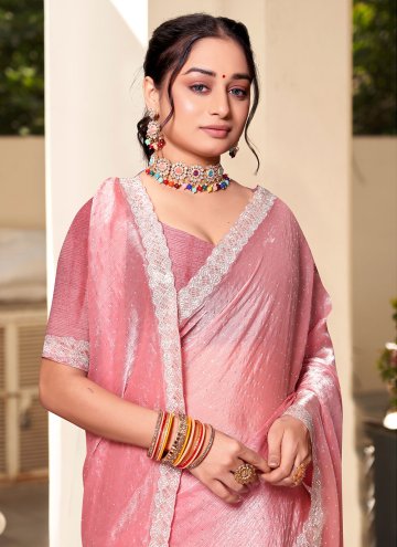 Silk Contemporary Saree in Rose Pink Enhanced with Swarovski
