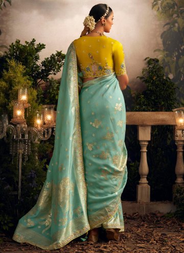 Silk Contemporary Saree in Sea Green Enhanced with Embroidered