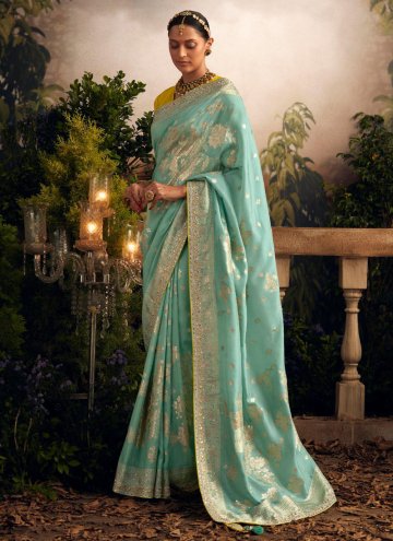 Silk Contemporary Saree in Sea Green Enhanced with Embroidered