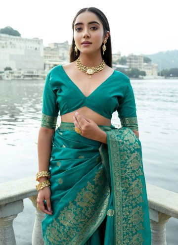 Silk Contemporary Saree in Teal Enhanced with Woven