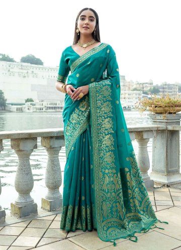 Silk Contemporary Saree in Teal Enhanced with Wove