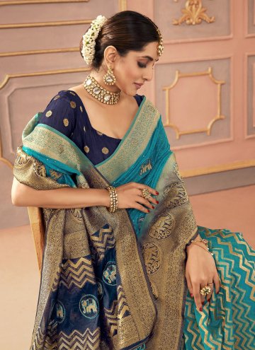 Silk Contemporary Saree in Turquoise Enhanced with Embroidered