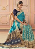 Silk Contemporary Saree in Turquoise Enhanced with Embroidered - 2