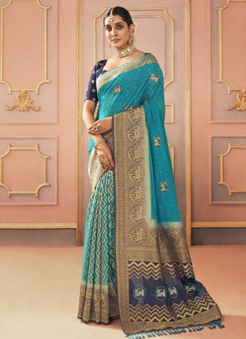 Silk Contemporary Saree in Turquoise Enhanced with