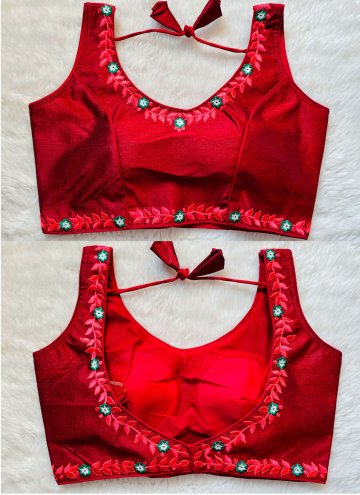 Silk Designer Blouse in Red Enhanced with Embroidered