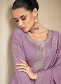 Silk Designer Salwar Kameez in Lavender Enhanced with Embroidered - 1