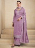 Silk Designer Salwar Kameez in Lavender Enhanced with Embroidered - 2