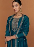 Silk Designer Salwar Kameez in Morpeach Enhanced with Embroidered - 2