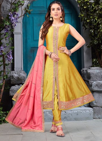 Silk Designer Salwar Kameez in Mustard Enhanced wi