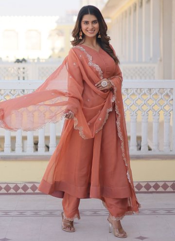 Silk Designer Salwar Kameez in Peach Enhanced with Plain Work