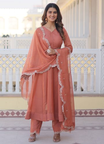 Silk Designer Salwar Kameez in Peach Enhanced with Plain Work