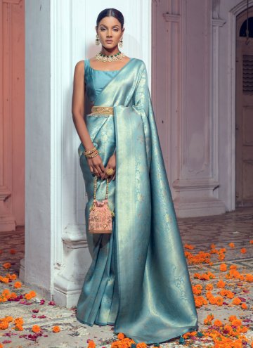 Silk Designer Saree in Aqua Blue Enhanced with Wov