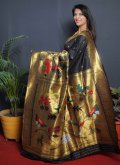 Silk Designer Saree in Black Enhanced with Jacquard Work - 1