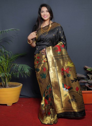 Silk Designer Saree in Black Enhanced with Jacquard Work