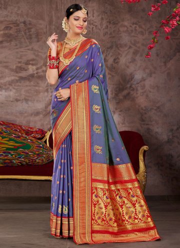 Silk Designer Saree in Blue Enhanced with Woven