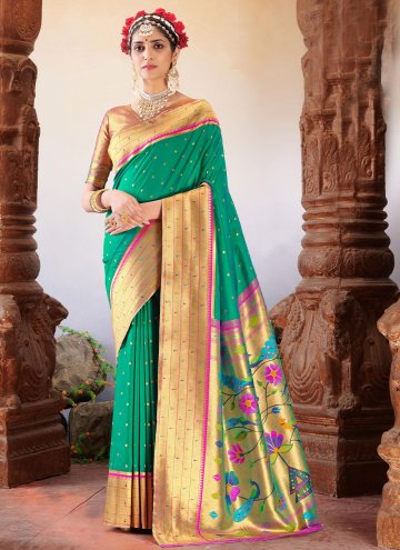 Silk Designer Saree in Green Enhanced with Woven