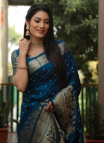 Silk Designer Saree in Navy Blue Enhanced with Bandhej Print