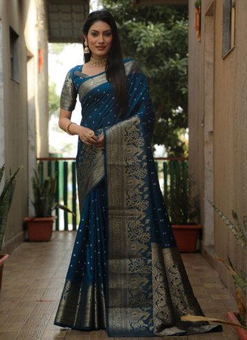 Silk Designer Saree in Navy Blue Enhanced with Bandhej Print