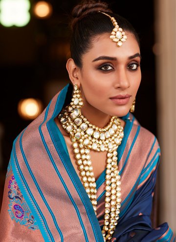 Silk Designer Saree in Navy Blue Enhanced with Thread Work