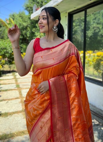 Silk Designer Saree in Orange Enhanced with Woven