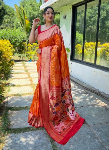 Silk Designer Saree in Orange Enhanced with Woven
