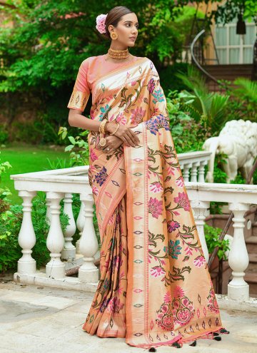 Silk Designer Saree in Peach Enhanced with Woven
