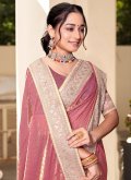 Silk Designer Saree in Pink Enhanced with Swarovski - 1