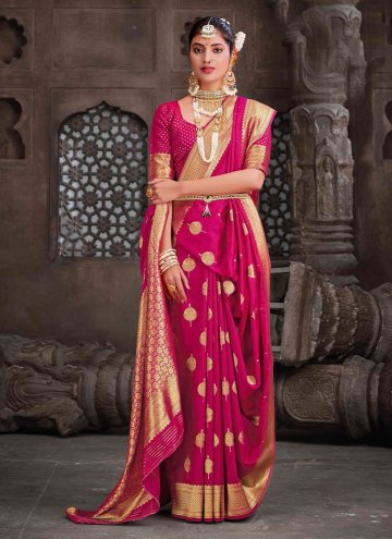 Silk Designer Saree in Rani Enhanced with Woven