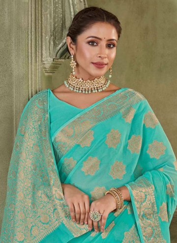 Silk Designer Saree in Sea Green Enhanced with Woven