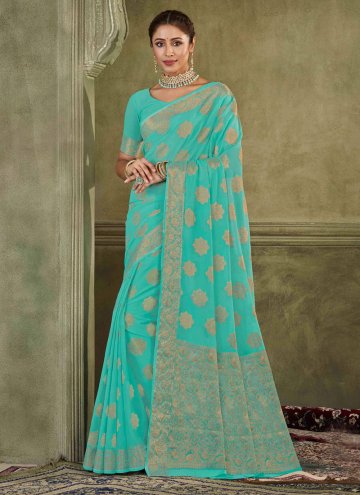 Silk Designer Saree in Sea Green Enhanced with Wov
