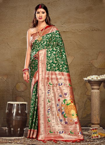 Silk Designer Traditional Saree in Green Enhanced with Woven