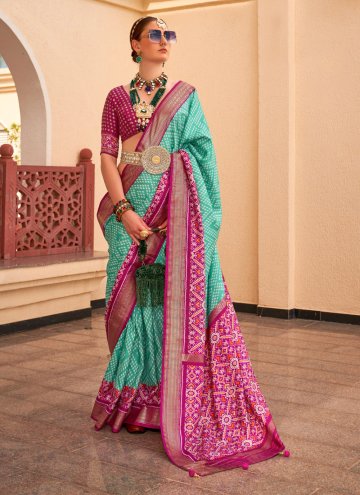 Silk Designer Traditional Saree in Turquoise Enhanced with Printed
