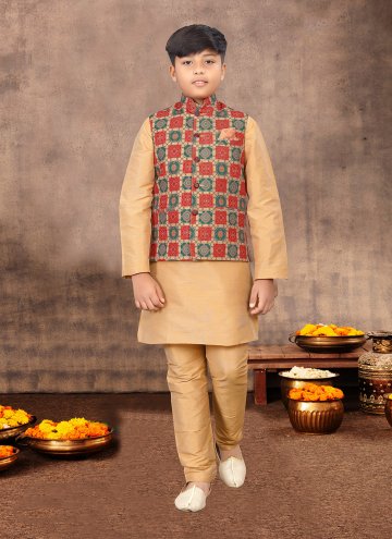 Silk Kurta Payjama With Jacket in Beige and Multi Colour Enhanced with Digital Print
